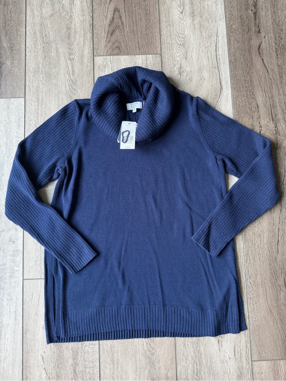 Crown & Ivy- Navy Cowl Neck Split SideSweater - Classic Cozy Knit - Picture 5 of 9